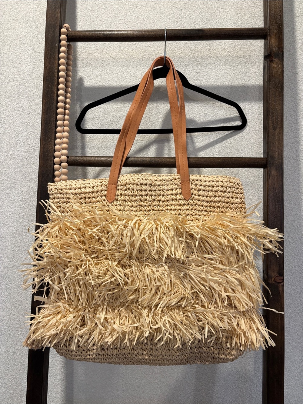 Universal Thread Natural Straw Fringe Tote with Tan Handles
